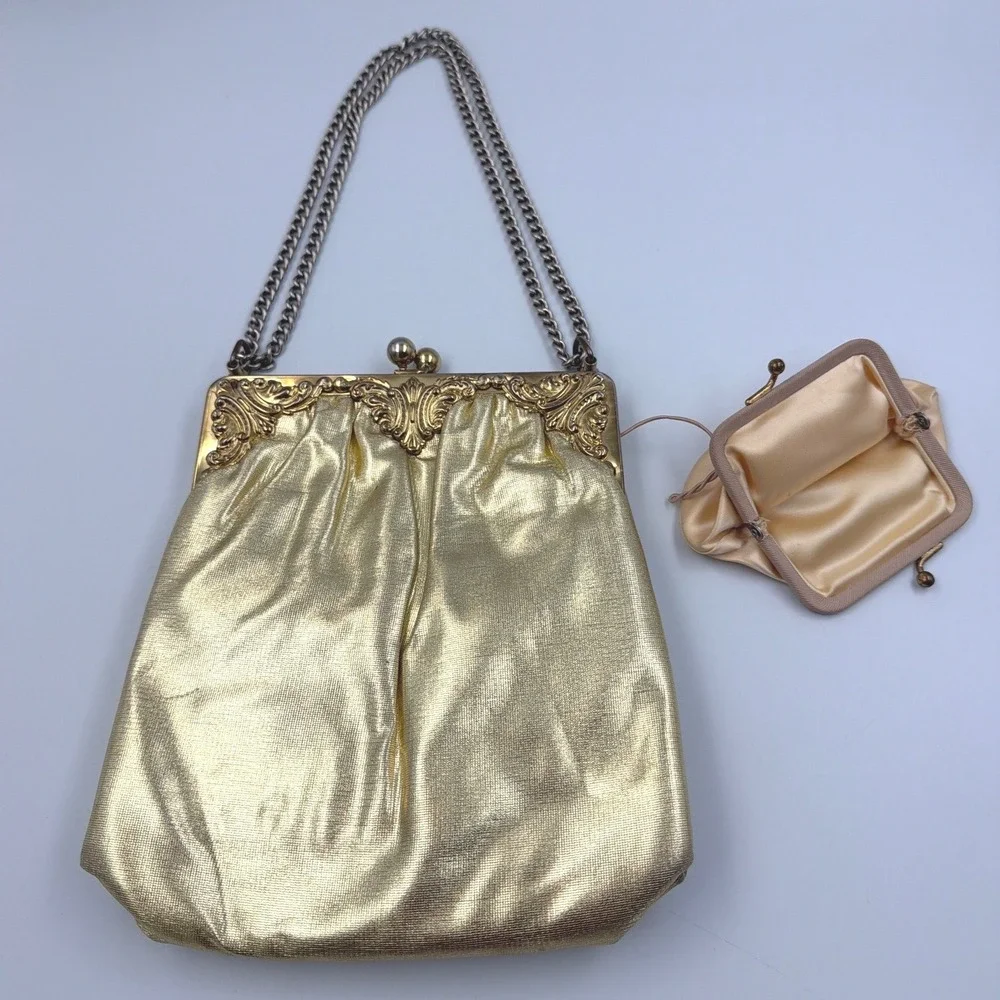 Vintage Gold Satin Evening Bag Ornate Frame Chain Strap‎ Clutch w/ Coin Bag